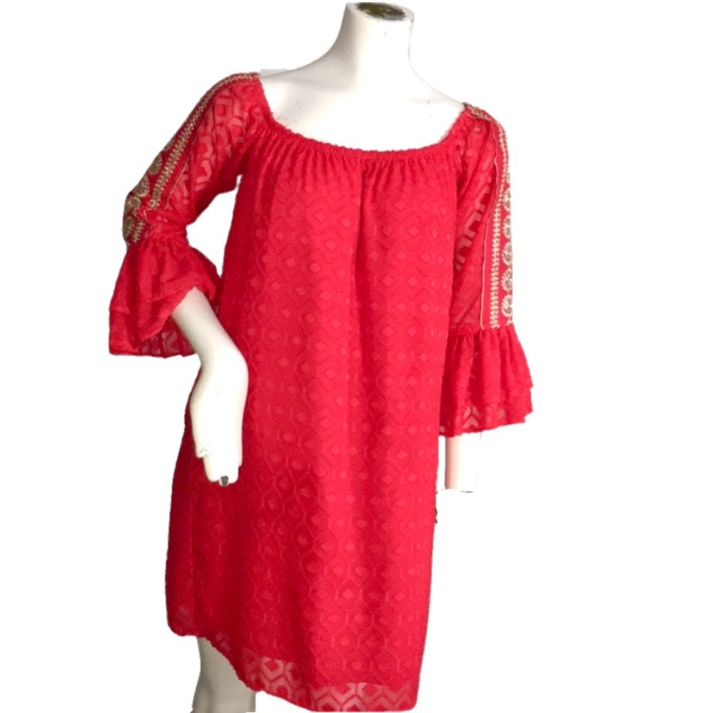 Vava by Joy Han Red Lace Bell Sleeve Sequin Boho Dress Medium